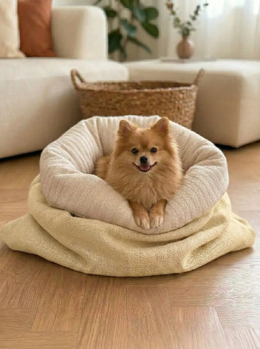 Cocon été en jute naturel et coton pour chien et chat avec chien installé à l'intérieur m/L