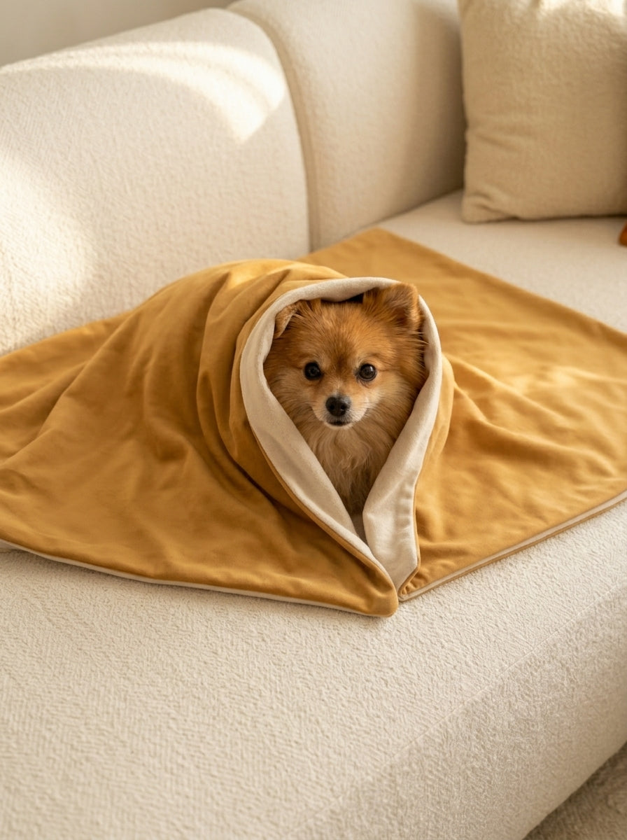 Chien enroulé dans un plaid beige et moutarde doux et respirant pour chien et chat