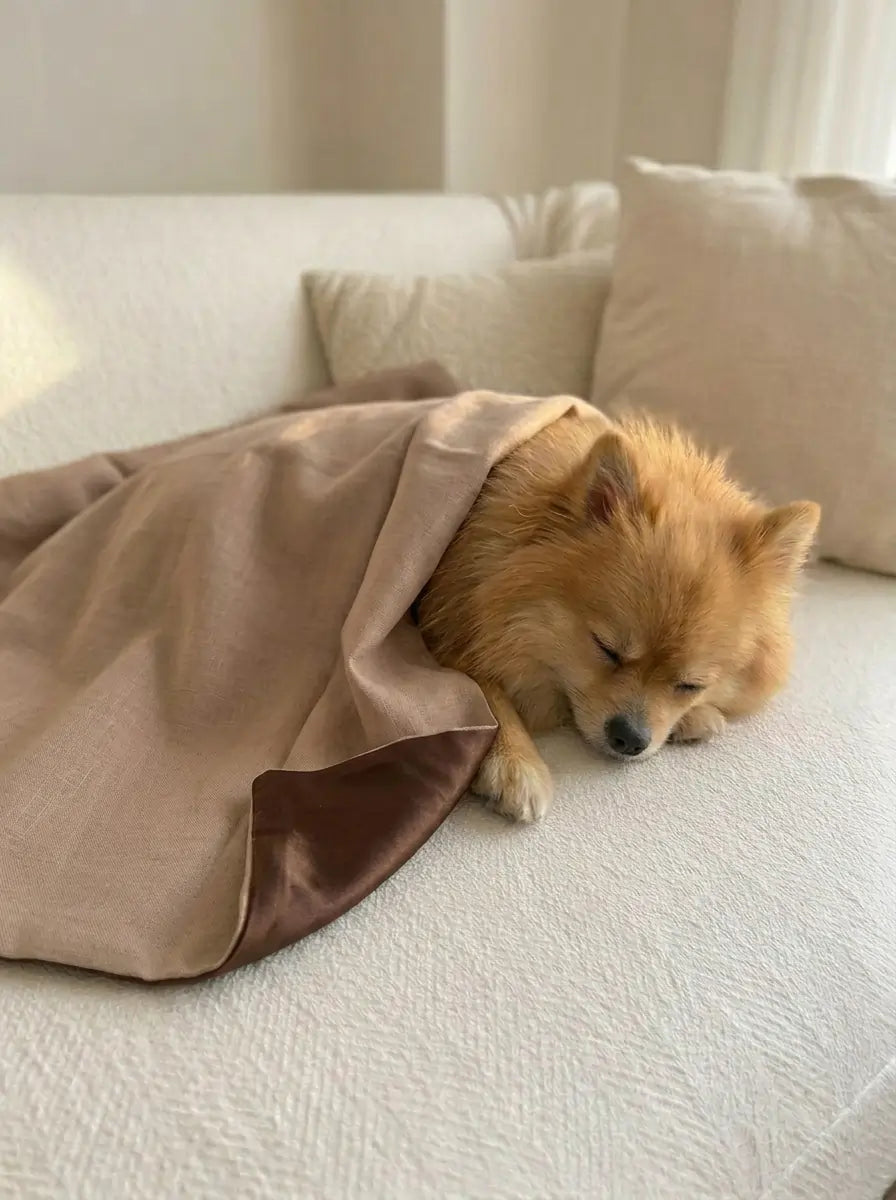 Chien enroulé dans un plaid marron et beige doux et respirant pour chien et chat