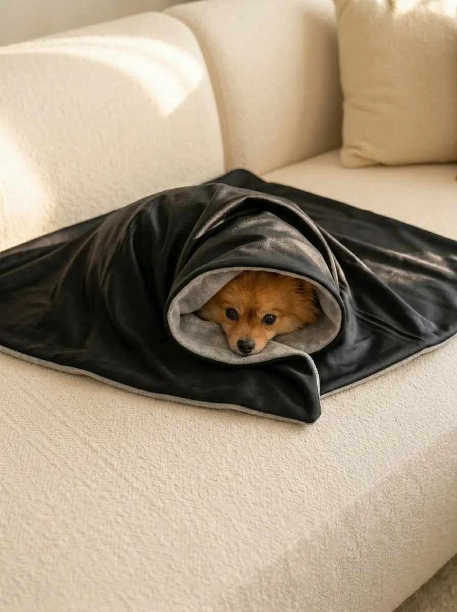 Chien enroulé dans un plaid gris noir doux et respirant pour chien et chat